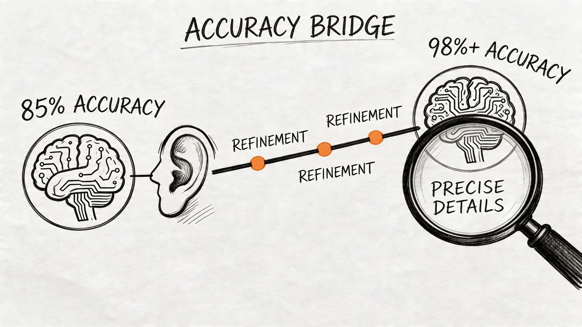A diagram titled Accuracy Bridge showing a process that improves transcription accuracy from 85% to 98%.