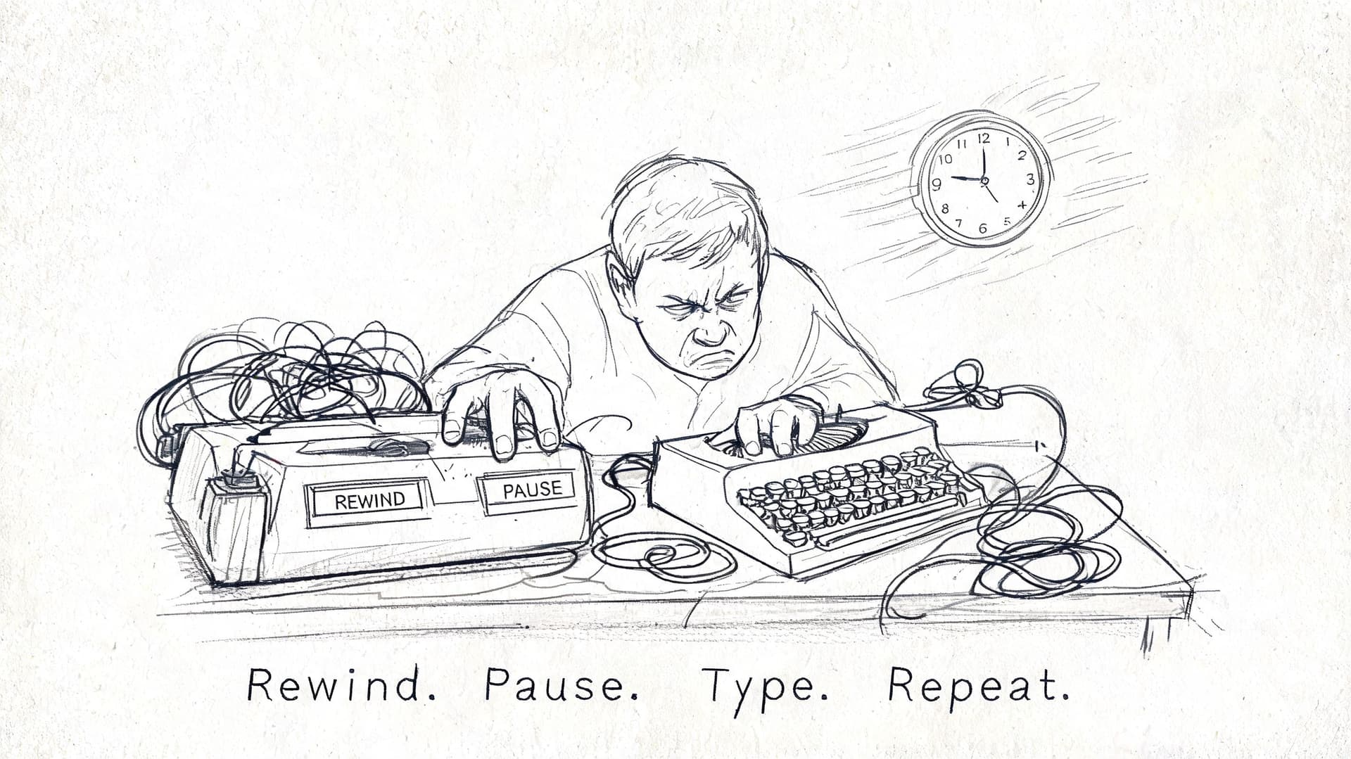 A frustrated man transcribing audio from a cassette player onto a vintage typewriter while working late.