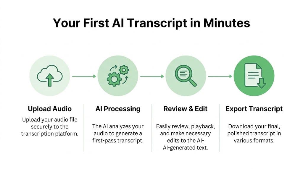 A four-step infographic showing the simple process of converting audio files into text using AI transcription software.