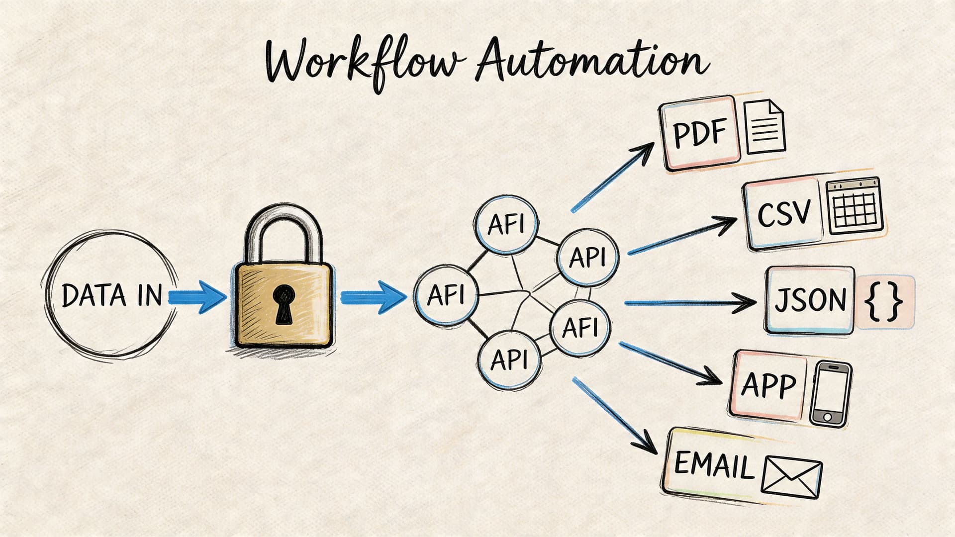 A diagram illustrating workflow automation showing data processing through APIs into PDF, CSV, JSON, app, and email formats.