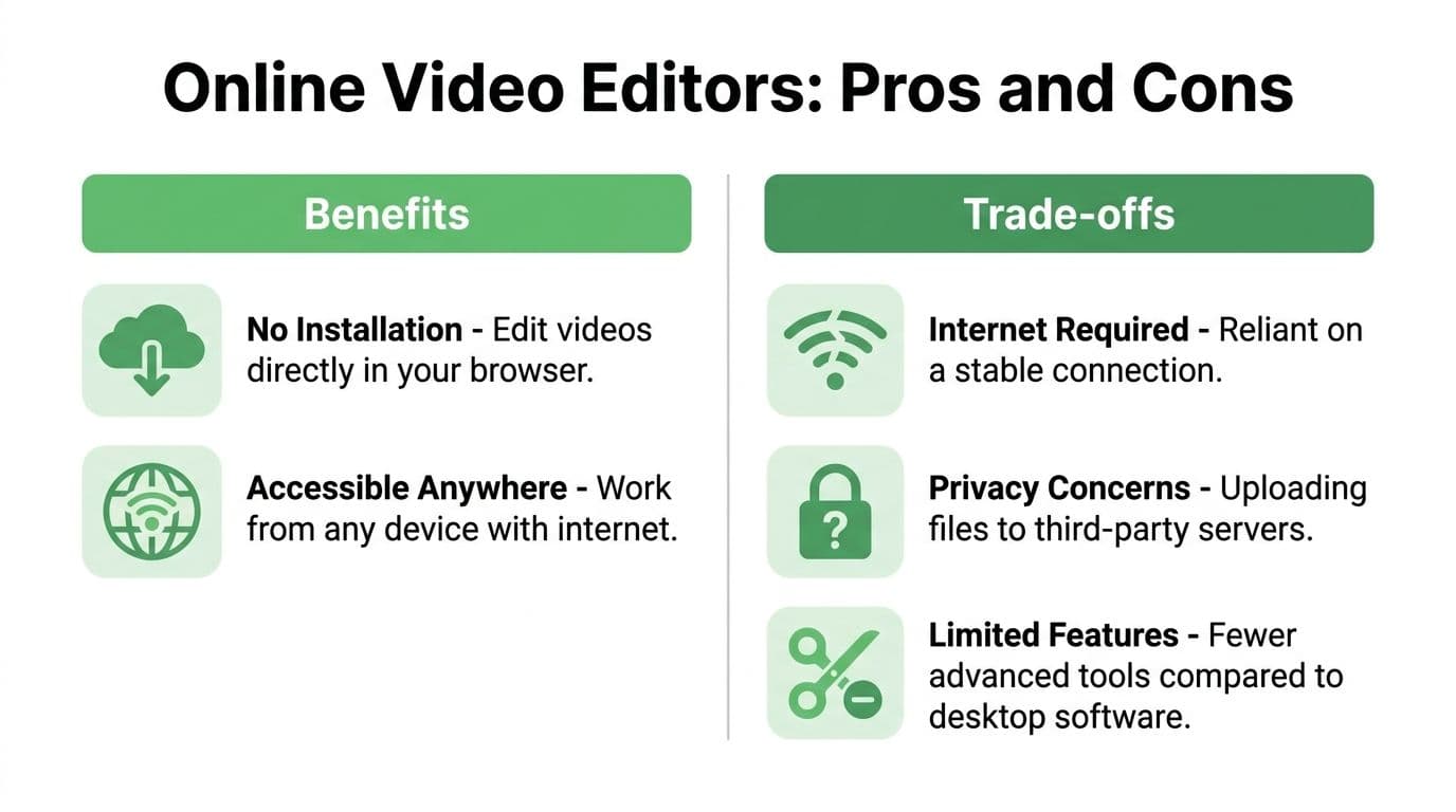 A comparison chart outlining the pros and cons of using web-based online video editing tools.