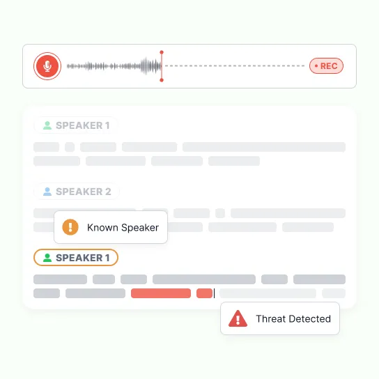A recording still running, with a Known Speaker flag on one turn of the transcript and a Threat Detected flag on a phrase highlighted in red