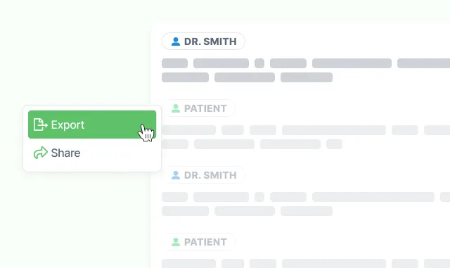 A doctor and patient transcript with an export or share menu open over it