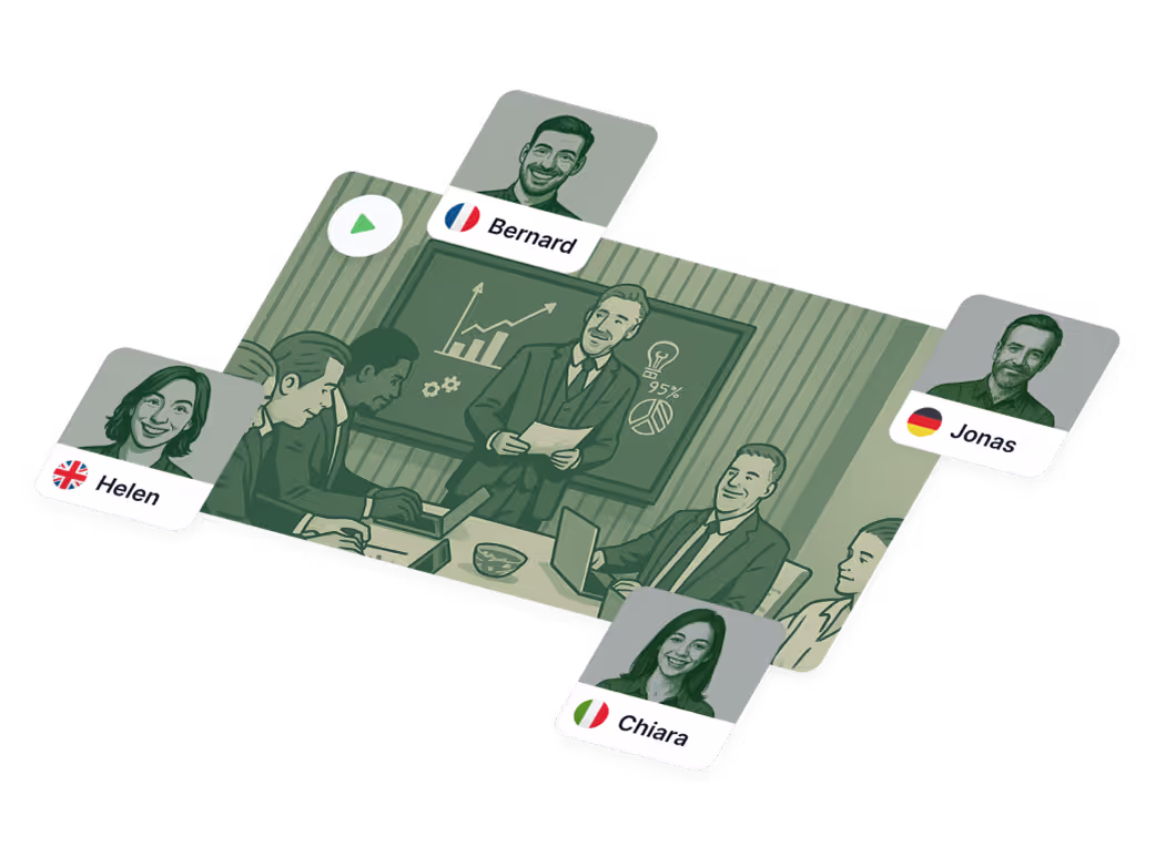 A recorded meeting where each speaker is labelled with their name and the flag of the language they speak
