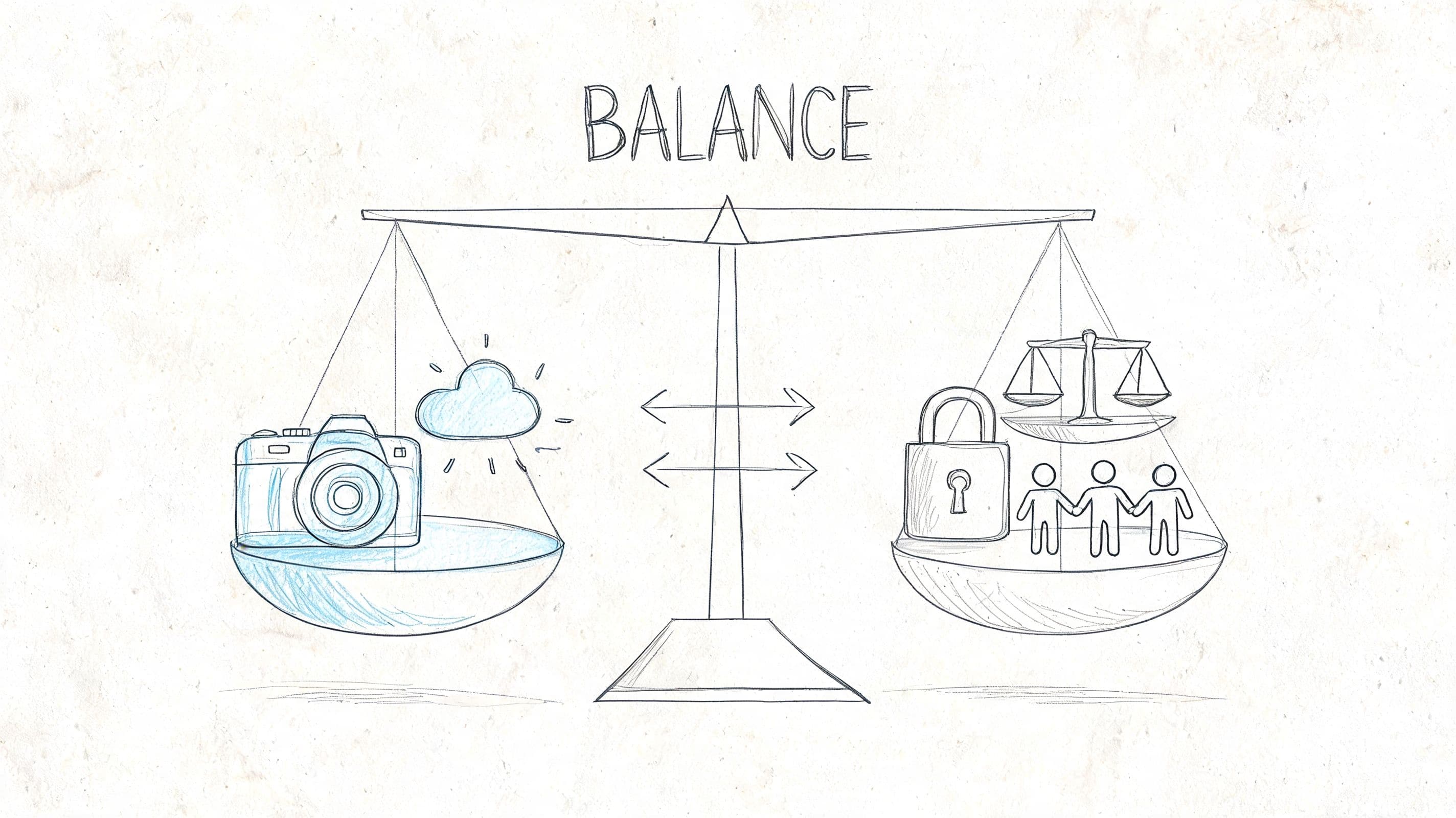 A conceptual line drawing of a balance scale contrasting a camera and cloud with a padlock and people.