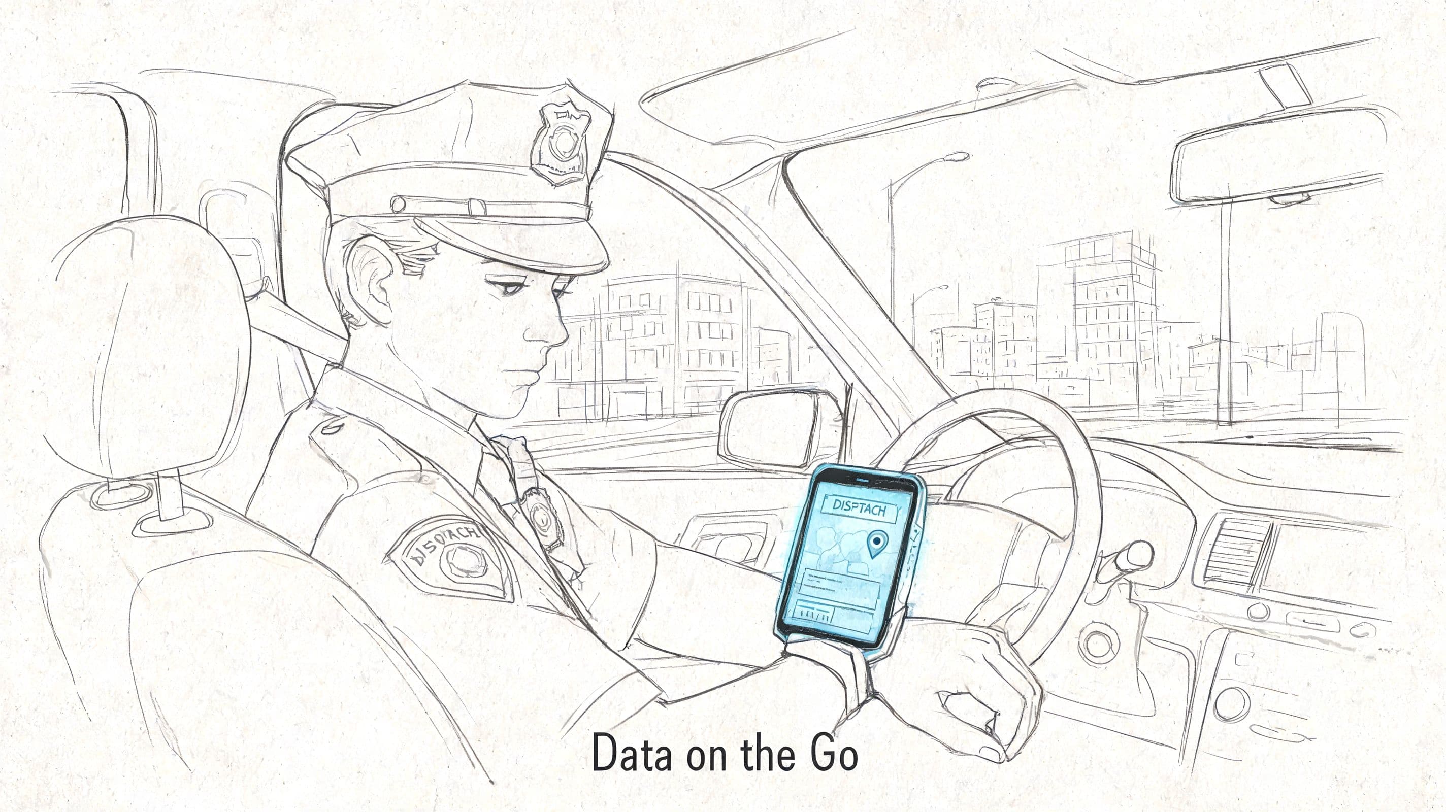 A line-art sketch of a police officer sitting in a patrol car looking at a wrist-mounted device.