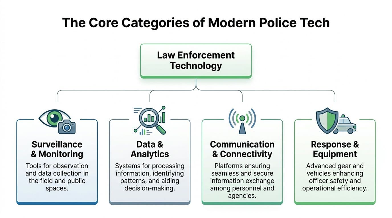 A diagram outlining the four core categories of modern law enforcement technology: surveillance, data, communication, and equipment.