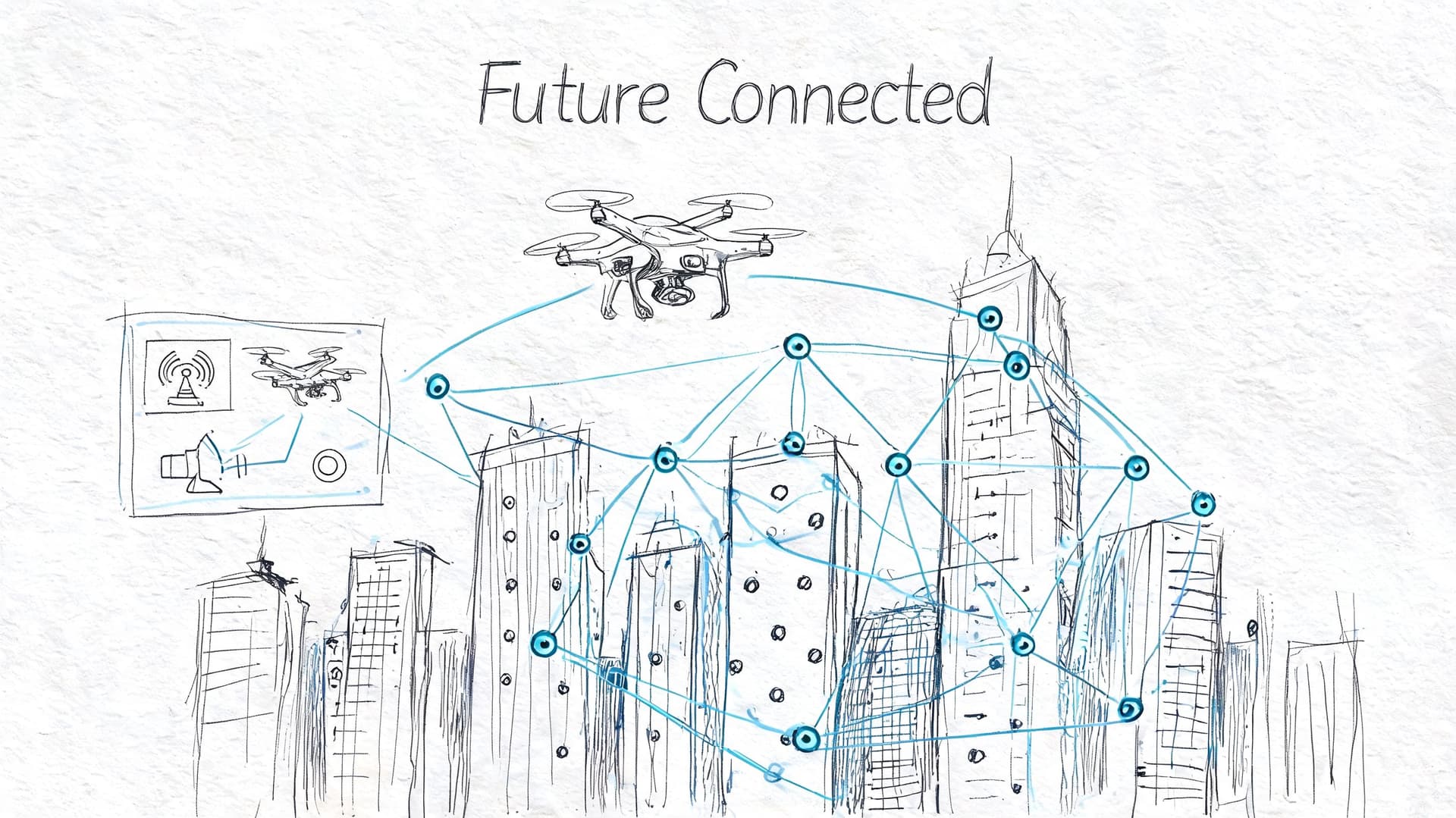 A conceptual sketch showing a connected smart city with drones and digital network nodes overhead.