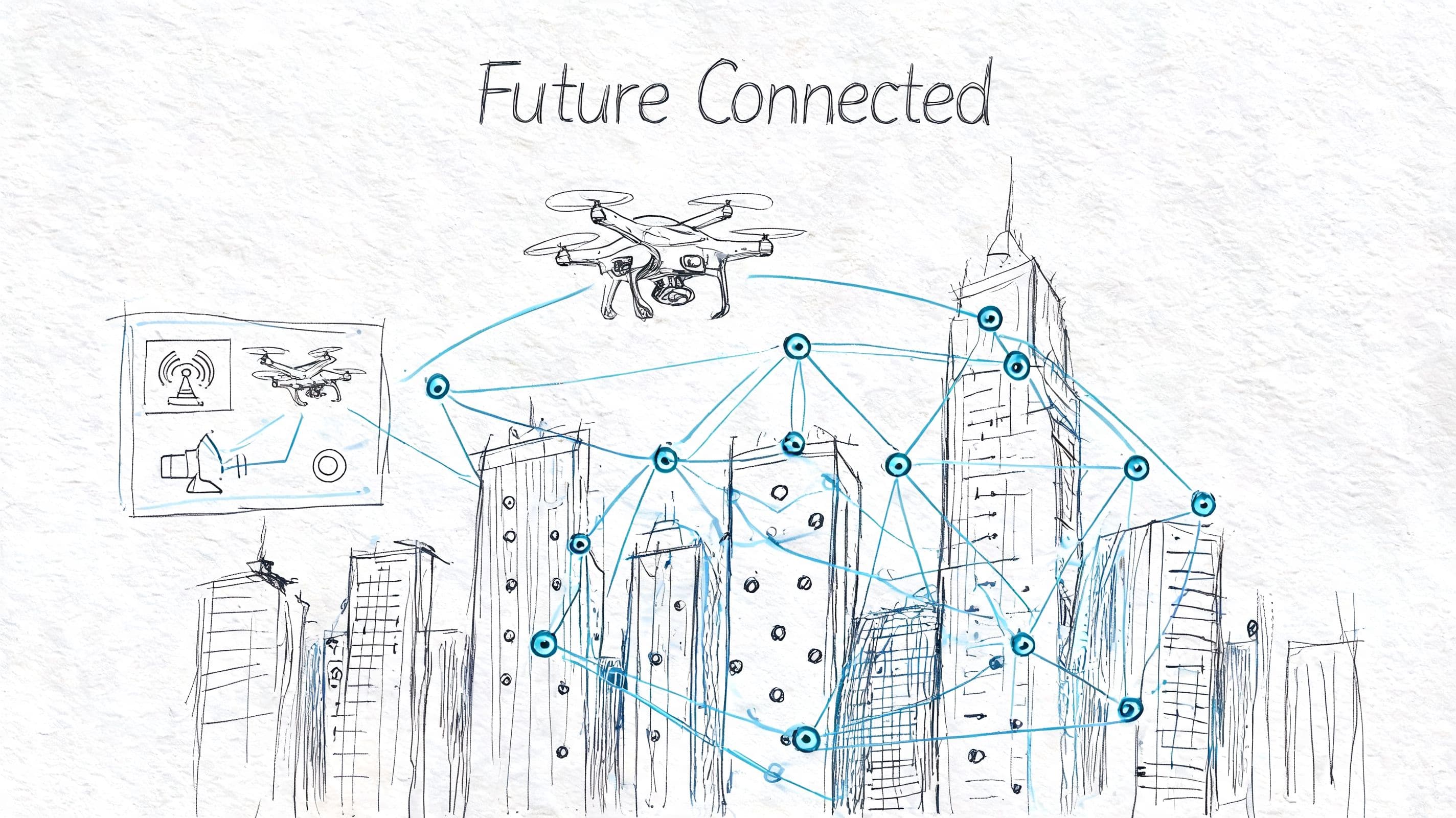 A conceptual sketch showing a connected smart city with drones and digital network nodes overhead.