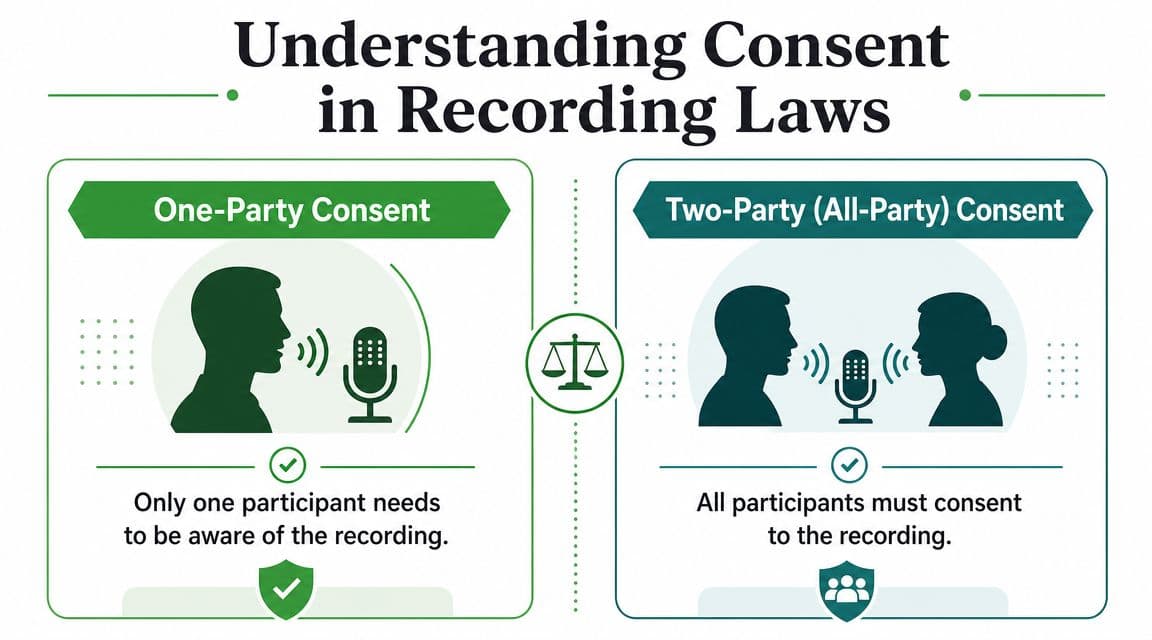 An infographic comparing one-party and two-party consent laws regarding the recording of private conversations.