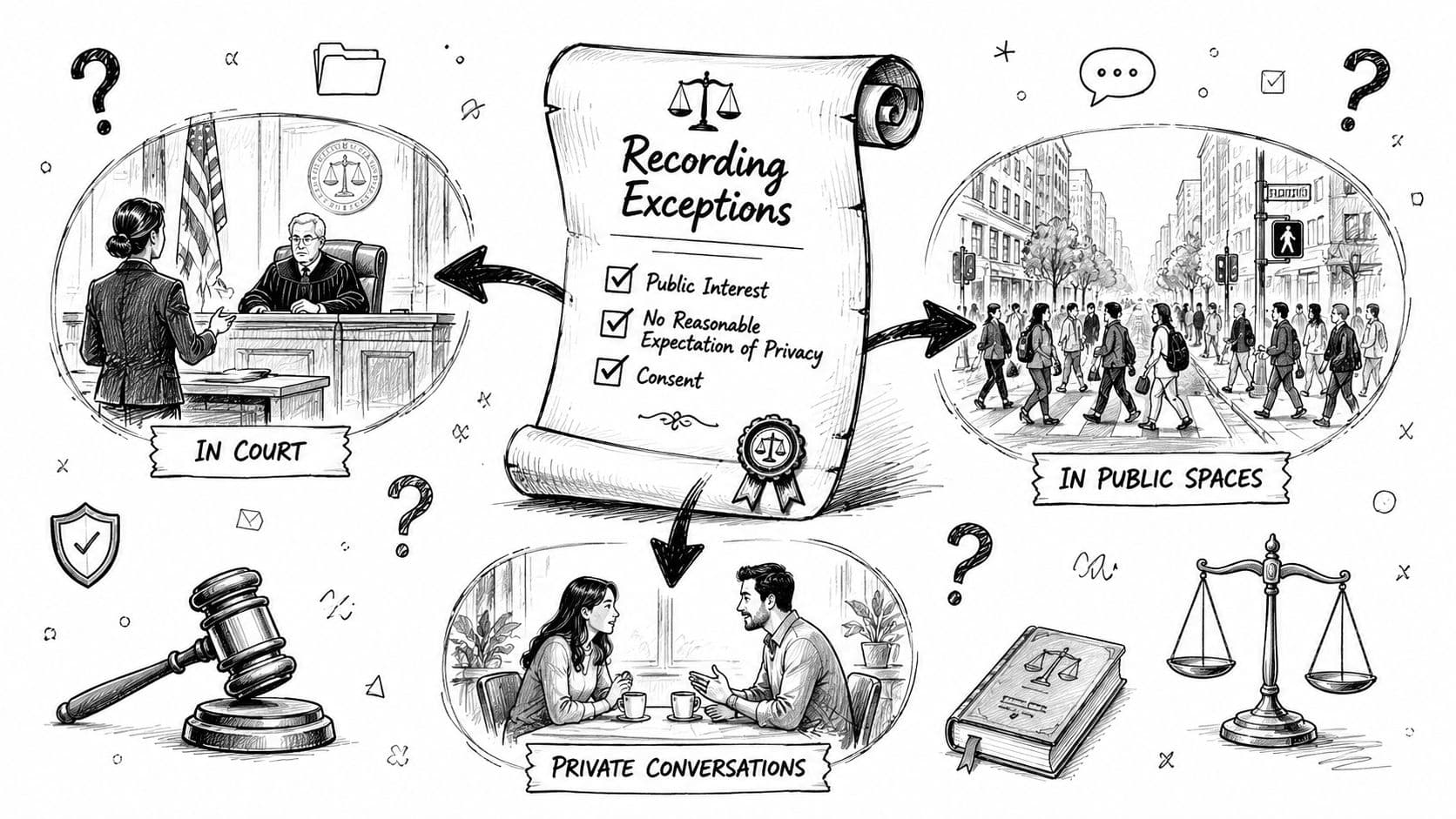 A diagram illustrating the legal exceptions for recording conversations in court, public spaces, and private settings.