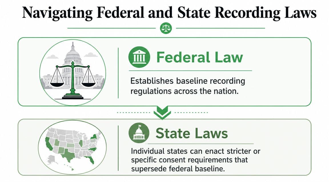 An infographic illustrating how federal law establishes baseline recording regulations while states may enact stricter requirements.