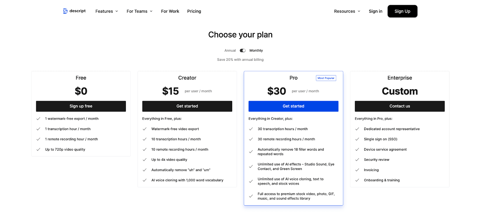 descript - pricing