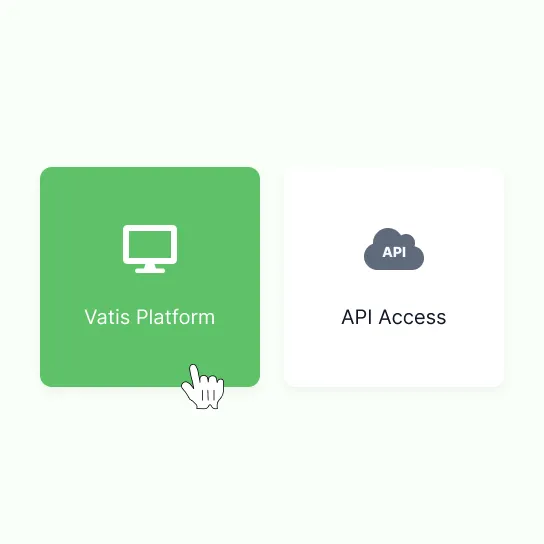Two tiles to choose between, the Vatis platform under a cursor and API access beside it