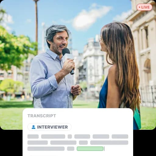 A reporter interviewing someone on the street with a handheld microphone, a live badge in the corner and a transcript labelled INTERVIEWER building underneath