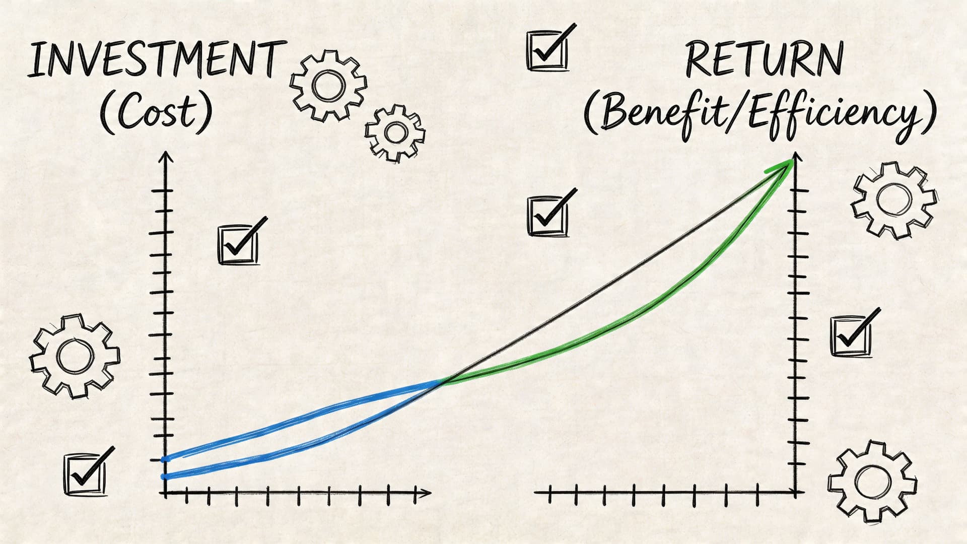 A hand-drawn business chart comparing investment costs and returns with graphs, checkmarks, and gear icons.
