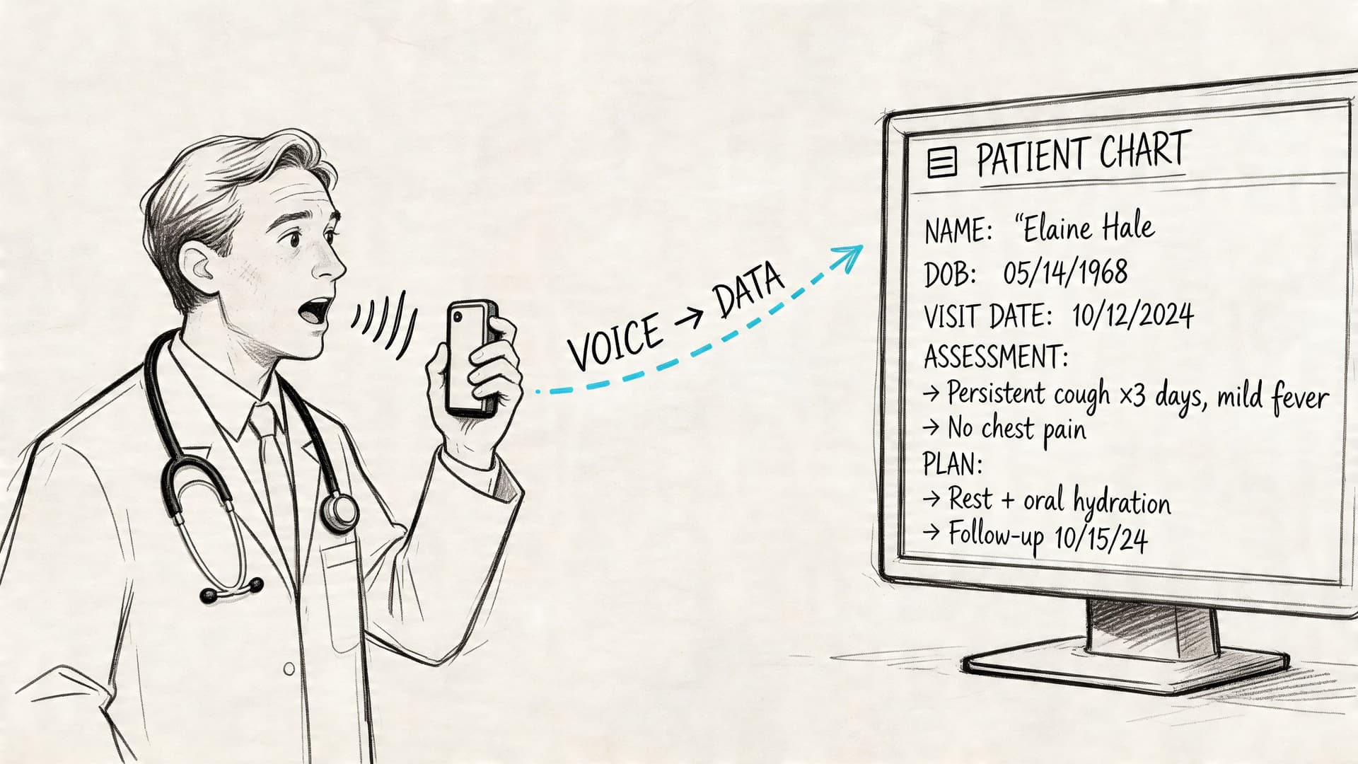 A doctor dictating notes into a smartphone, with the voice automatically converting into patient chart data.