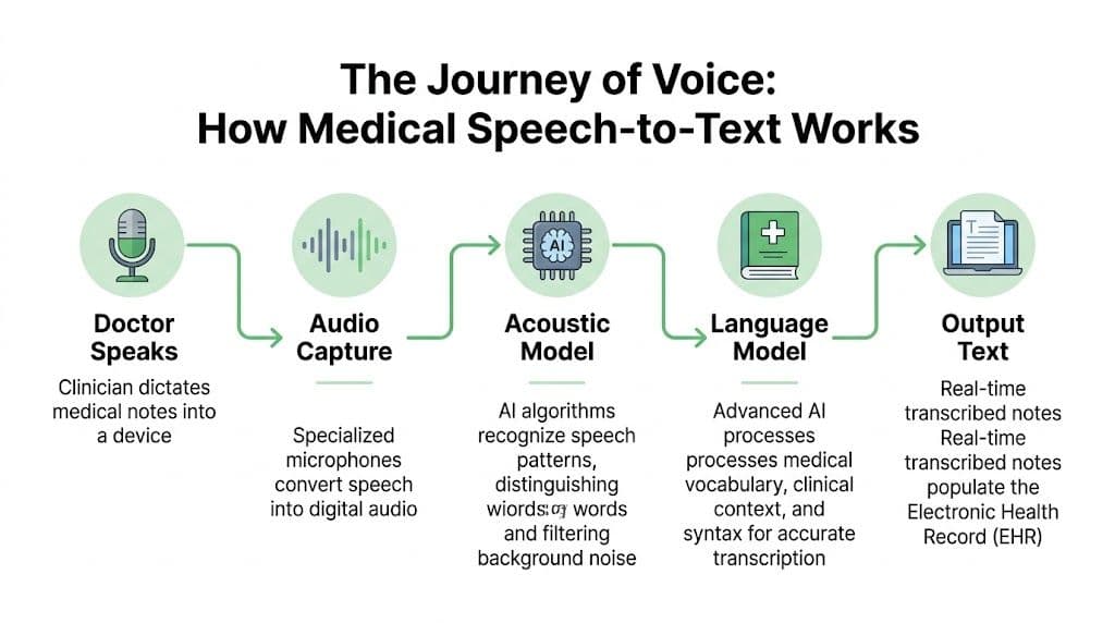 An infographic showing the five steps of medical speech-to-text technology from doctor dictation to digital health records.