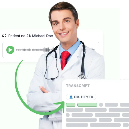 A doctor in a white coat and stethoscope, with a patient's recording playing on one side and an arrow curving round to the named transcript it becomes