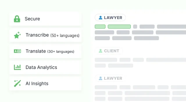 Security, transcription, translation, data analytics and AI insights offered as five tiles beside a transcript split into lawyer and client turns