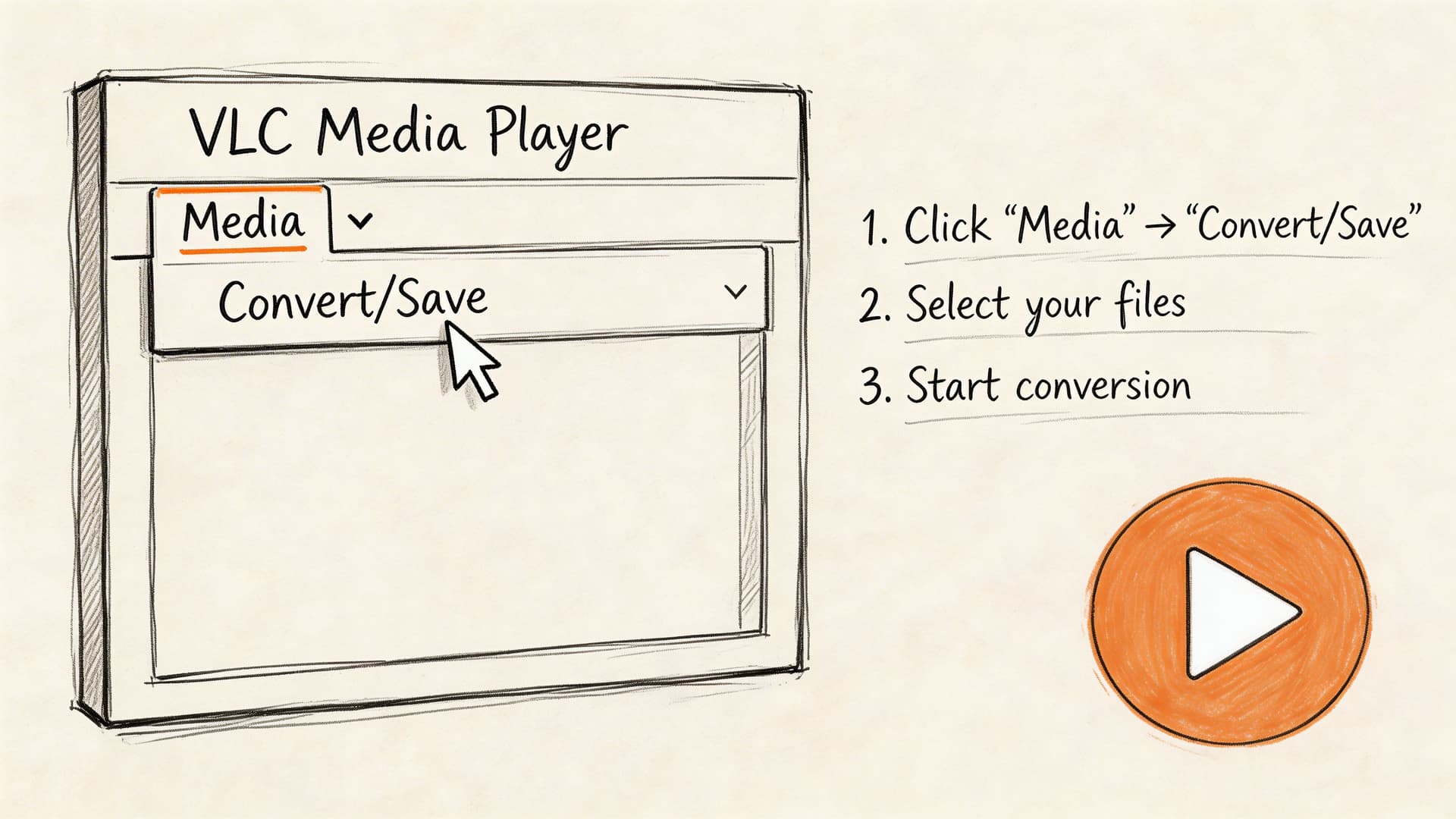 A hand-drawn illustration showing how to convert video files using the VLC Media Player interface.