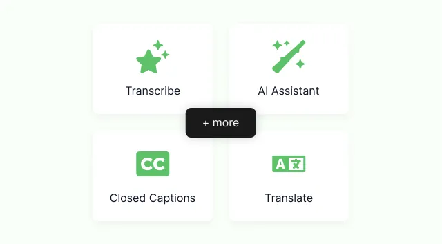 Transcription, AI assistant, closed captions and translation offered as four tiles, with more behind them
