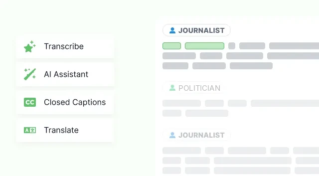 Transcribe, AI assistant, closed captions and translate offered as four tiles beside a transcript split into journalist and politician turns