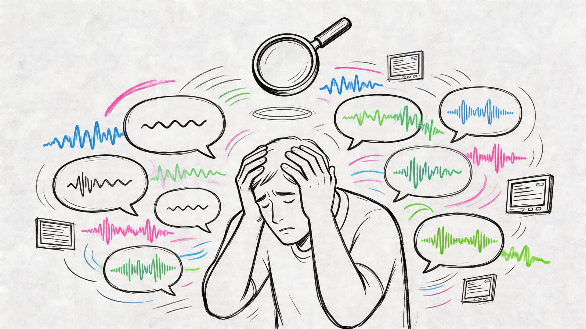 A digital illustration showing a stressed person surrounded by speech bubbles with sound waves and digital screens.