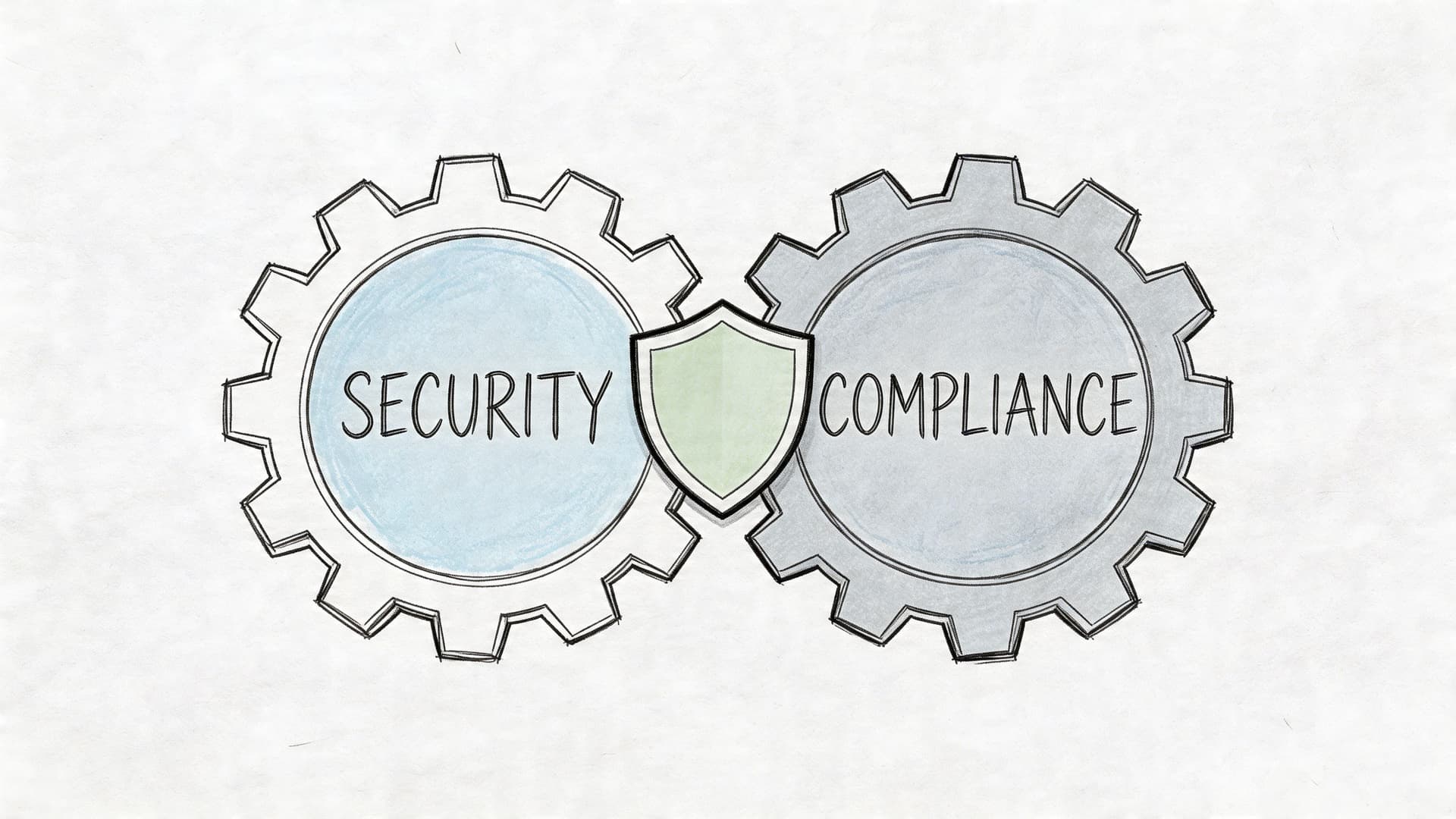 A conceptual illustration showing two interlocking mechanical gears labeled with the words Security and Compliance.