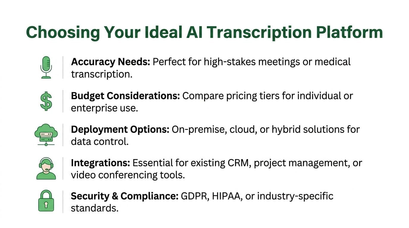 A list of five essential factors to consider when choosing an AI transcription service platform for business.