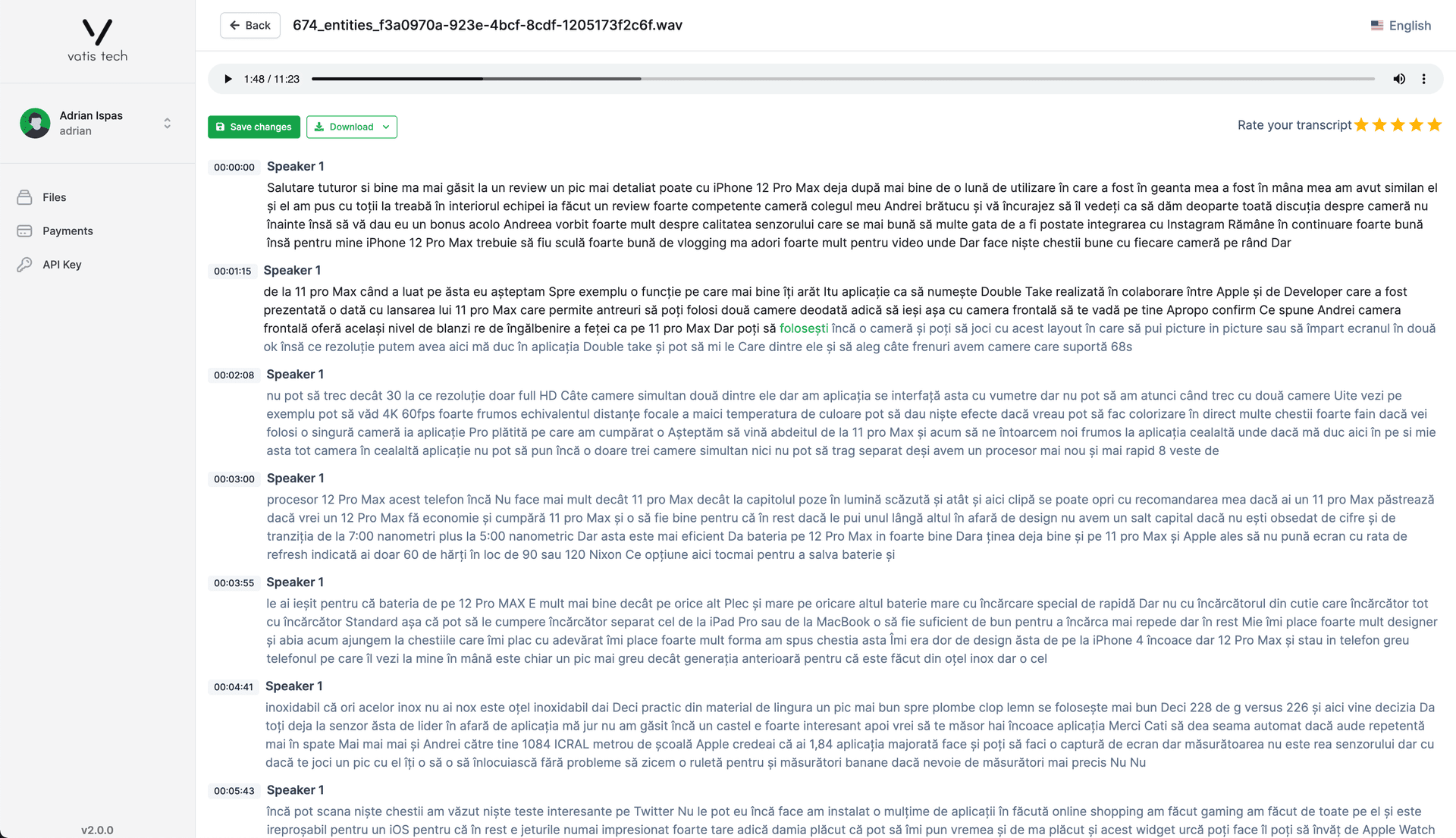 The Vatis Tech editor: a speaker-labelled, timestamped transcript beside the audio it came from.