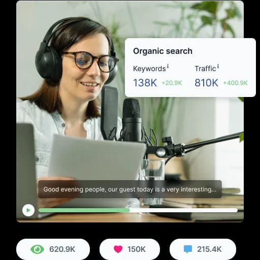 A podcaster at a studio microphone reading from a page, an organic search panel counting keywords and traffic over the recording, and view, like and comment totals beneath it
