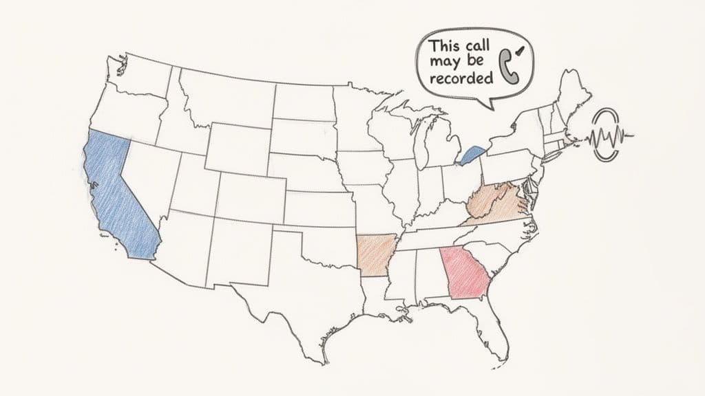 A map of the USA highlighting states with different call recording laws, with a speech bubble.