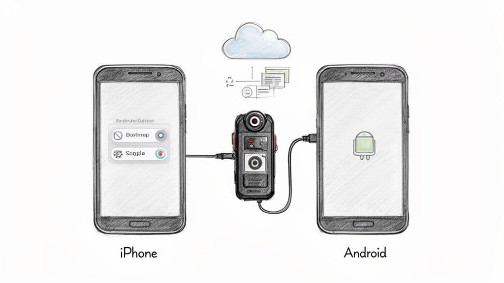 An iPhone and an Android phone connected to a portable camera, showing cloud data transfer.