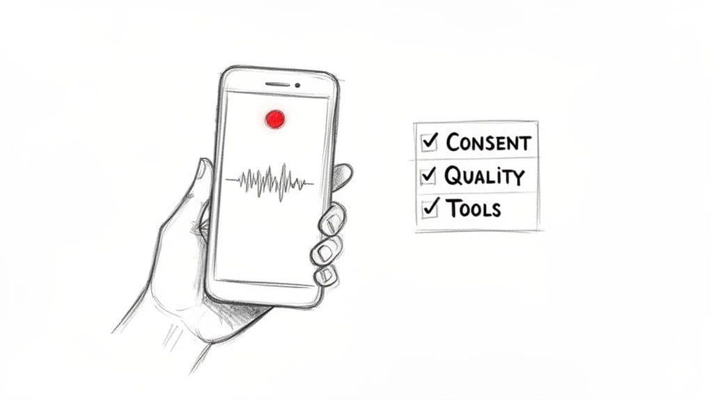A hand holds a smartphone recording audio, next to a checklist for consent, quality, and tools.
