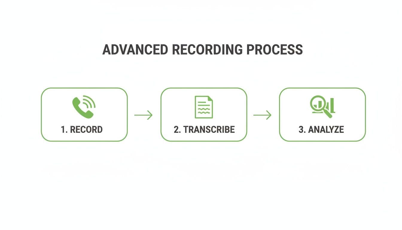 A three-step advanced recording process diagram, showing record, transcribe, and analyze stages with icons.