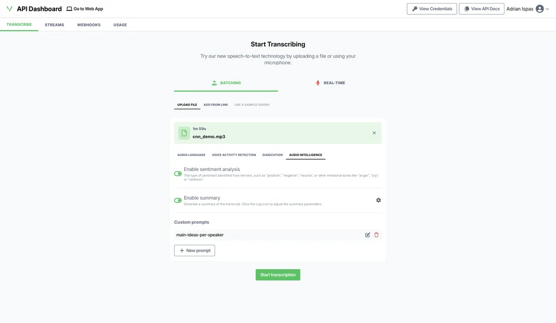 The Audio Intelligence tab of the Vatis Tech API dashboard, with sentiment analysis and summary switched on for a staged file and a saved custom prompt below them