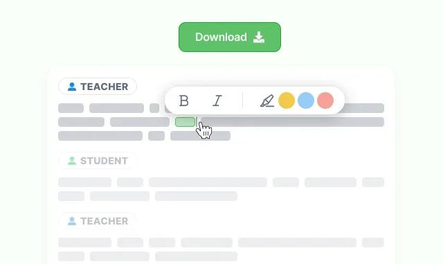 A transcript split into Teacher and Student turns with a formatting toolbar over a highlighted phrase, and a Download button above it