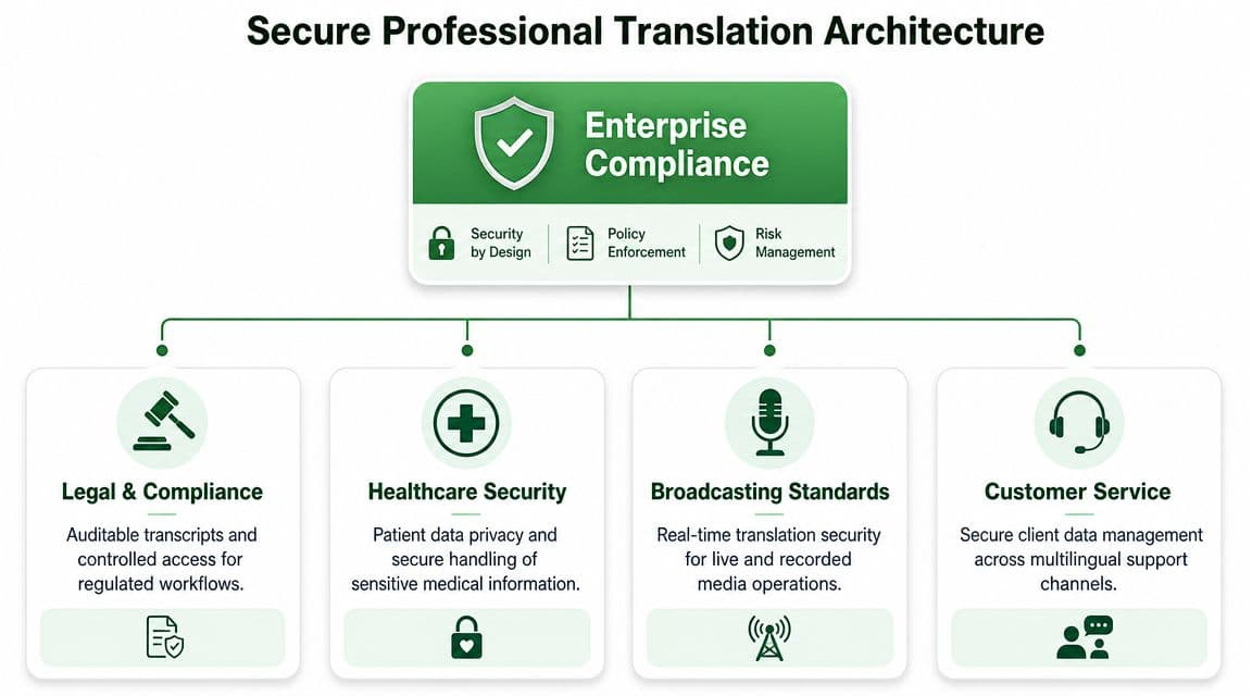 A diagram illustrating a secure professional translation architecture centered around enterprise compliance and industry-specific security standards.
