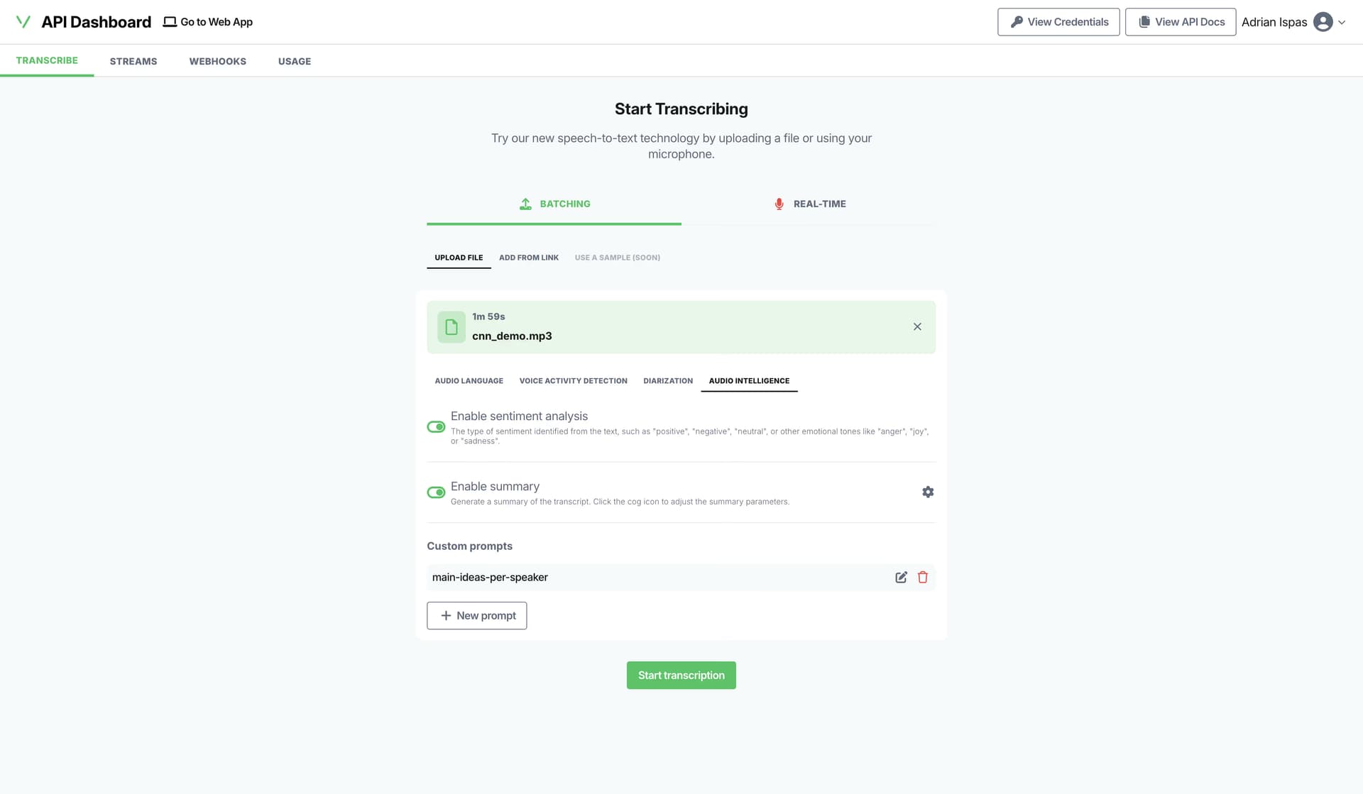 The Vatis Tech API dashboard, with an audio file staged for transcription and the diarization, sentiment, summary and custom-prompt options beside it