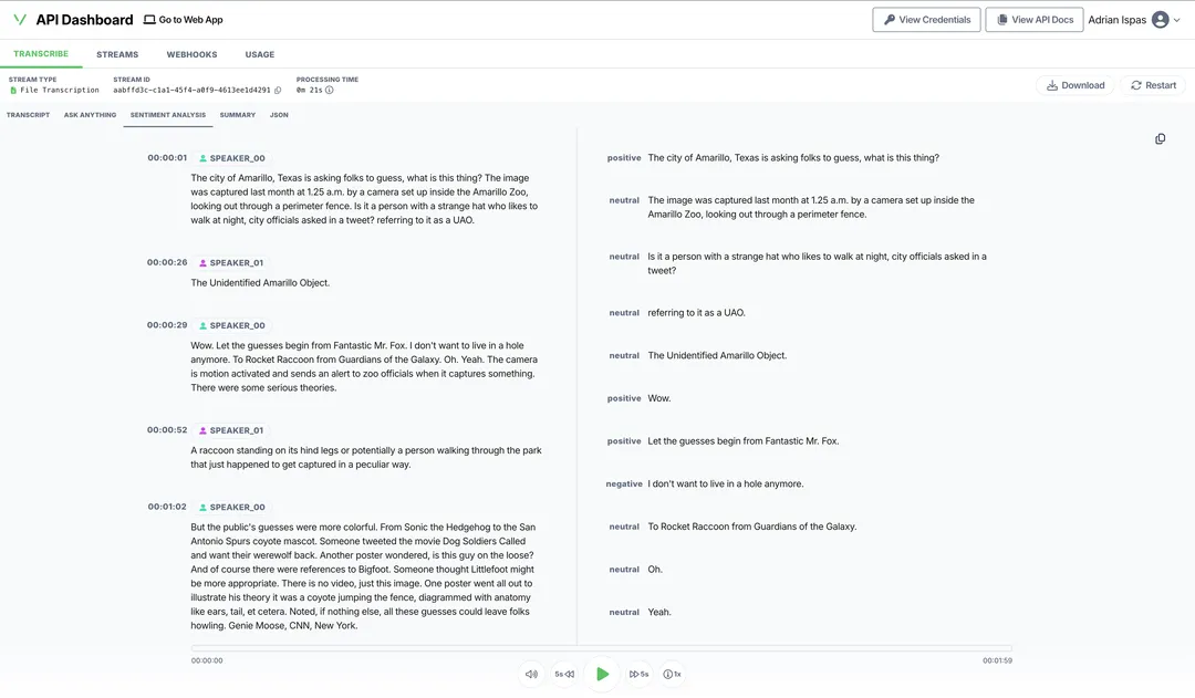 A finished transcription split into timestamped speaker turns, each sentence labelled positive, neutral or negative in the panel beside it