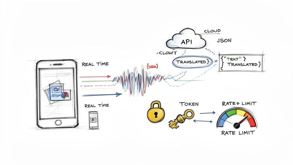 Diagram showing a mobile phone translating real-time audio via a cloud API with rate limiting.