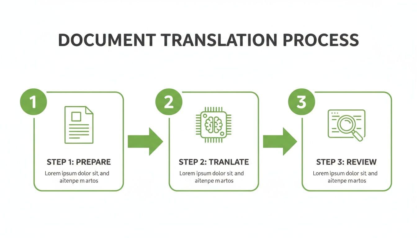 An infographic illustrating the three-step document translation process: prepare, translate, and review.