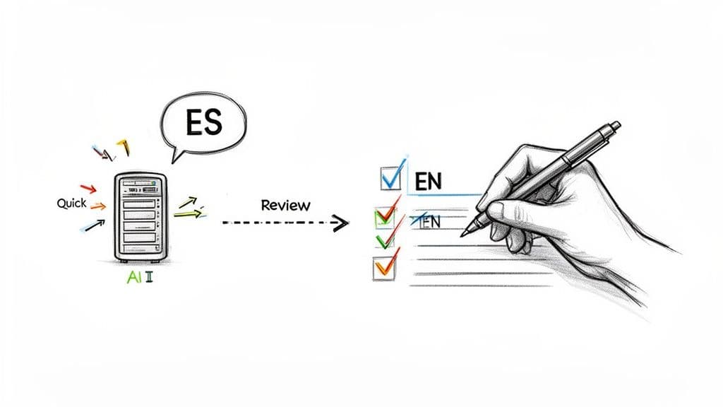 Diagram illustrating an AI system translating Spanish (ES) content to English (EN) with human review.
