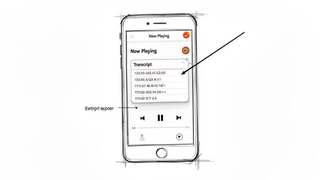 A sketch of an iPhone displaying a 'Now Playing' screen with a visible 'Transcript' section and playback controls.