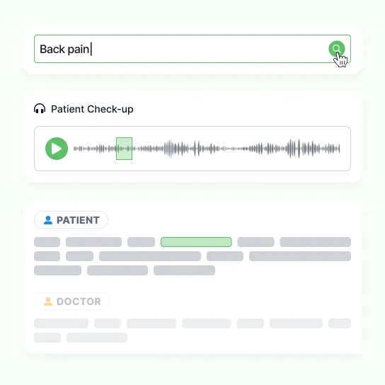 A search for “Back pain” across a patient check-up recording, the match highlighted both in the waveform and in the patient and doctor transcript below it