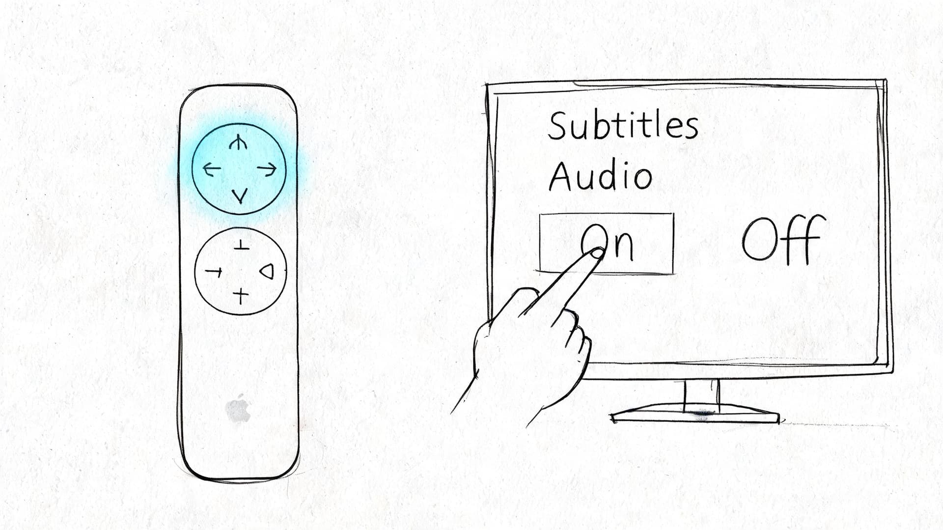 A line drawing illustration showing an Apple TV remote being used to toggle subtitles settings on screen.