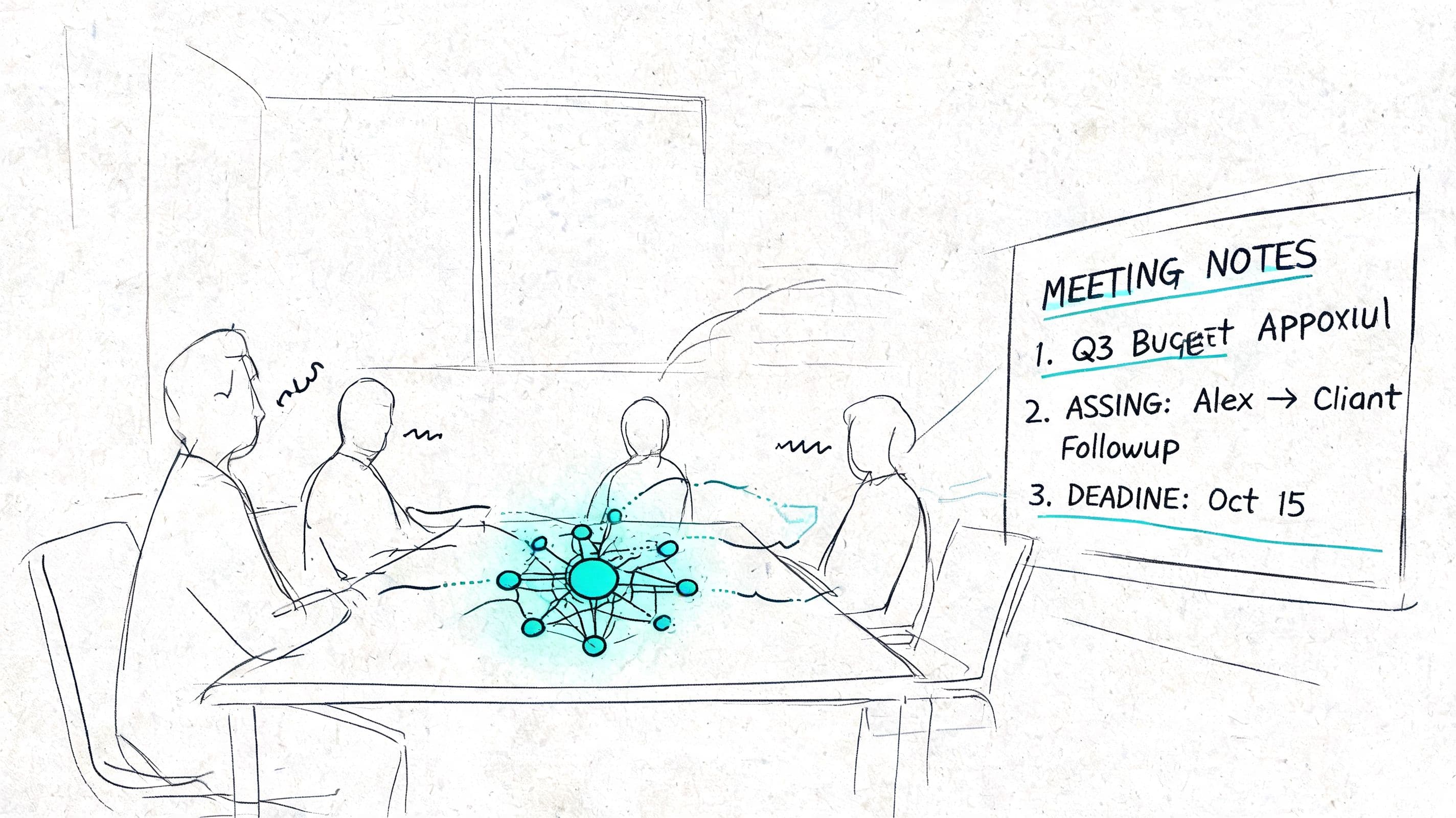A sketched illustration of a business team in a meeting discussing notes projected on a whiteboard.