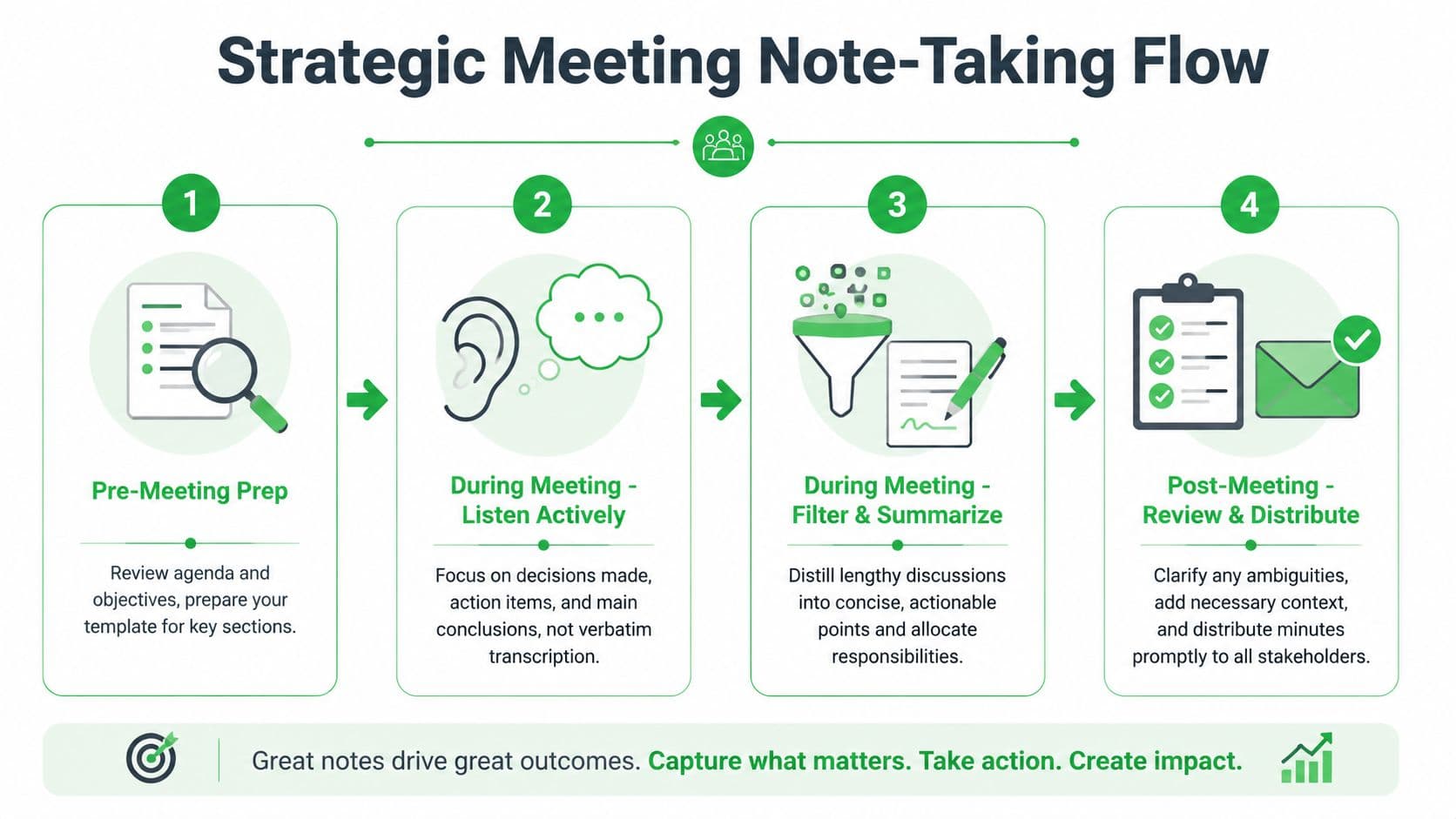 An infographic showing a four-step strategic process for effective meeting note-taking and documentation.