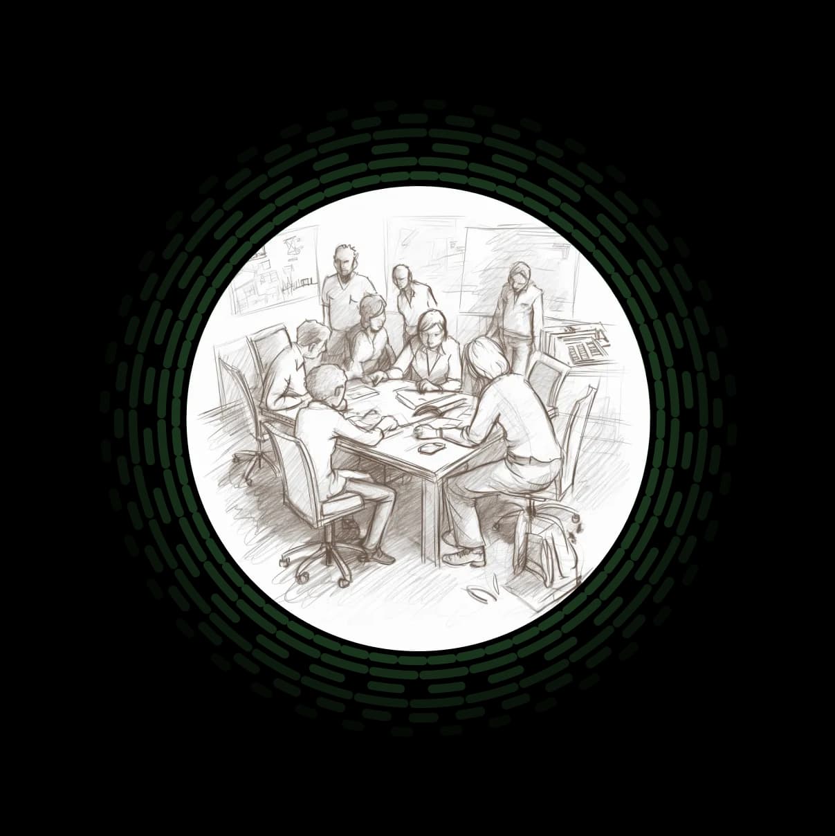 Illustration of the Vatis Tech team working together around a table